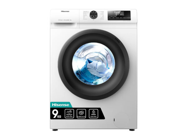 Hisense WFQP9014EVMT Freestanding 9KG Front Load Washing Durable Inverter Machine-Steam Wash-Quick Wash-15 Washing Programs-1400 RPM-White-Energy Rating C [Energy Class C]