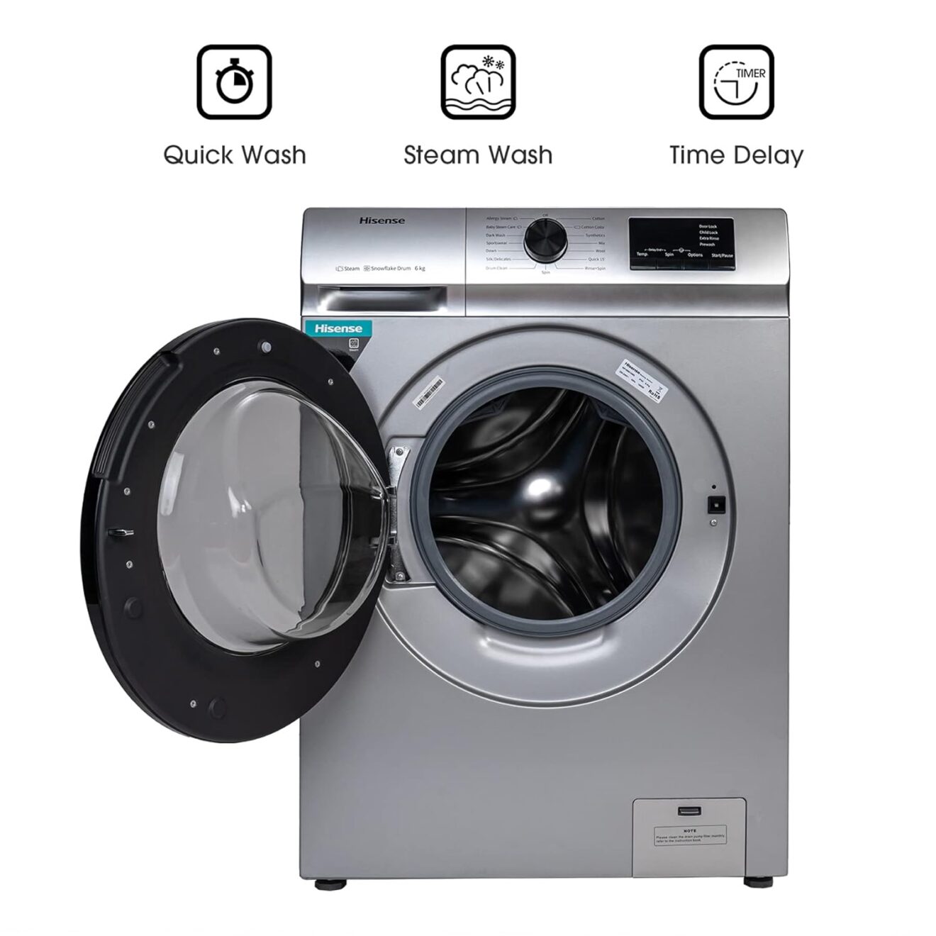 Hisense 6.0 Kg Fully-Automatic Front Loading Washing Machine (WFVB6010MS, Silver, Steam Wash, Built in Heater ), ‎Silver Hisense