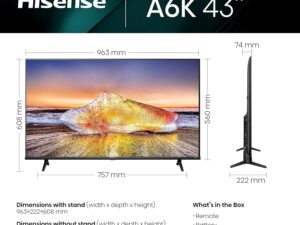 Hisense 43 Inch 4K UHD VIDAA Smart TV 43A6K – Dolby Vision, Pixel Tuning, Voice Remote, Share to TV, and Youtube, Freeview Play, Netflix (2023 New Model), Black [Energy Class G]