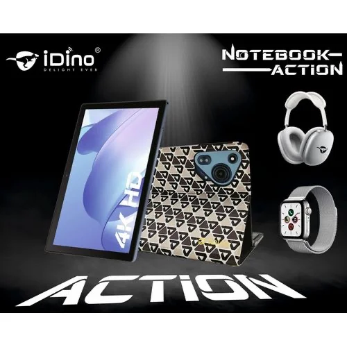 Idino Notebook Action 10.1 Inches Android 11 Tablet PC – 512GB Storage 8GB RAM 5G Android Ai Support Tablet With Leather Case Headphone, Utra Watch, Wireless Mouse And Keyboard- Multicolor