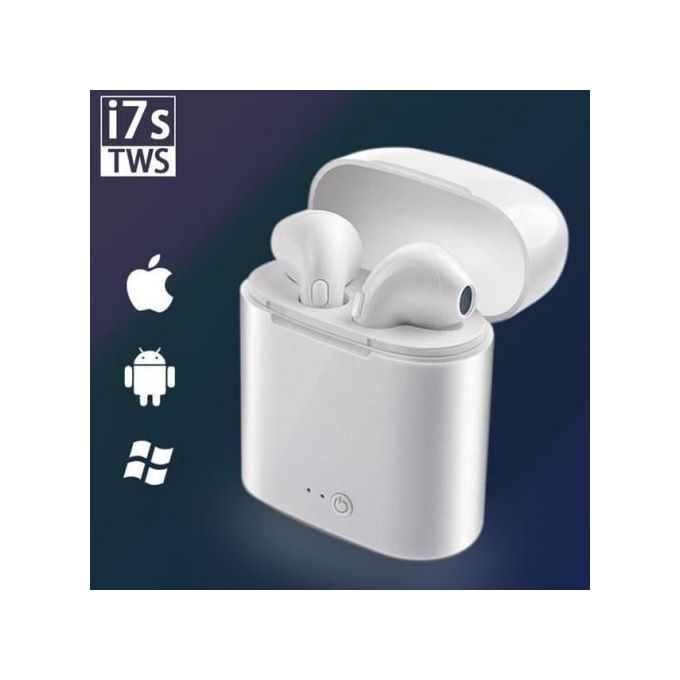 TWS i7s Earbuds True Wireless Bluetooth Headphones In-ear Music Earphone Hands-free with Charging Box Silicone Earphone Case Lanyard - White