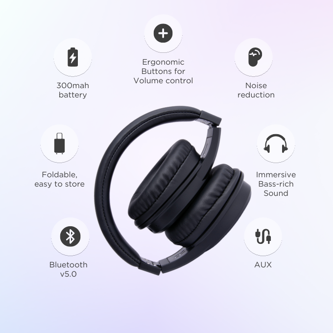 BLACK BassHead Wireless Bluetooth Headphone with mic, 10H Playtime, 1Yr Warranty