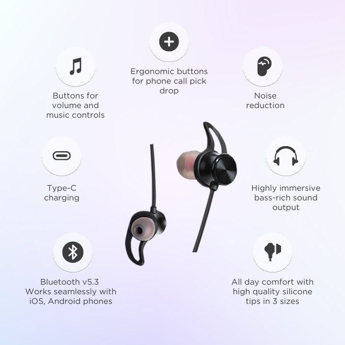 BLACK BassBand Wireless Bluetooth Neckband with Mic, 120H Playtime, 1 Yr Warranty