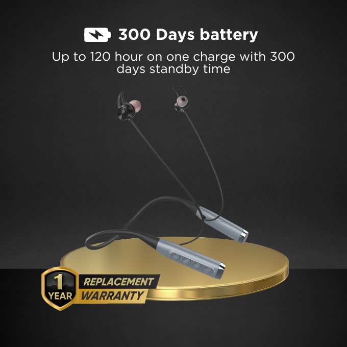 BLACK BassBand Wireless Bluetooth Neckband with Mic, 120H Playtime, 1 Yr Warranty