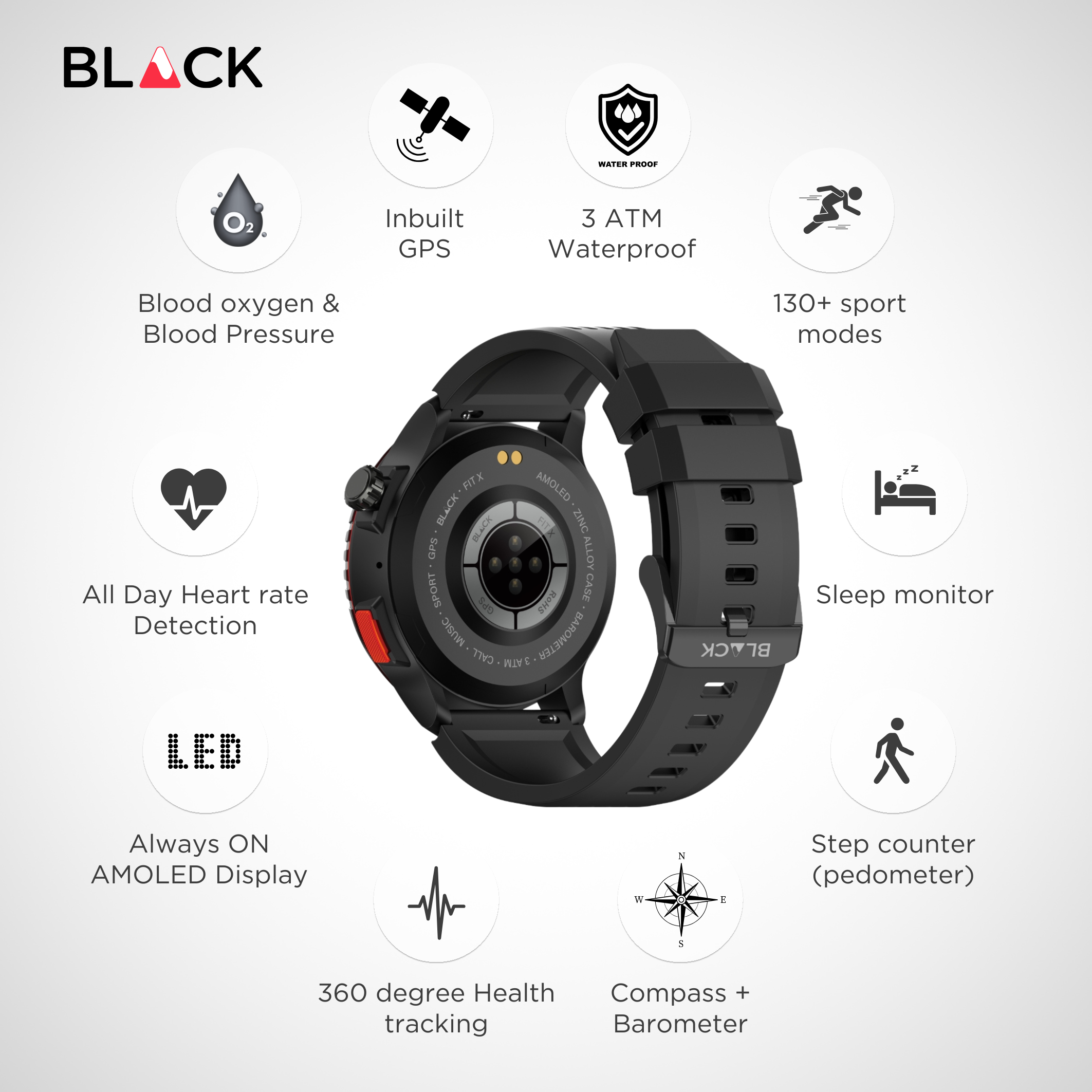 BLACK Fit X GPS Waterproof Health Monitor Smartwatch, 15 Day battery, AMOLED Always ON screen, 1Yr Warranty