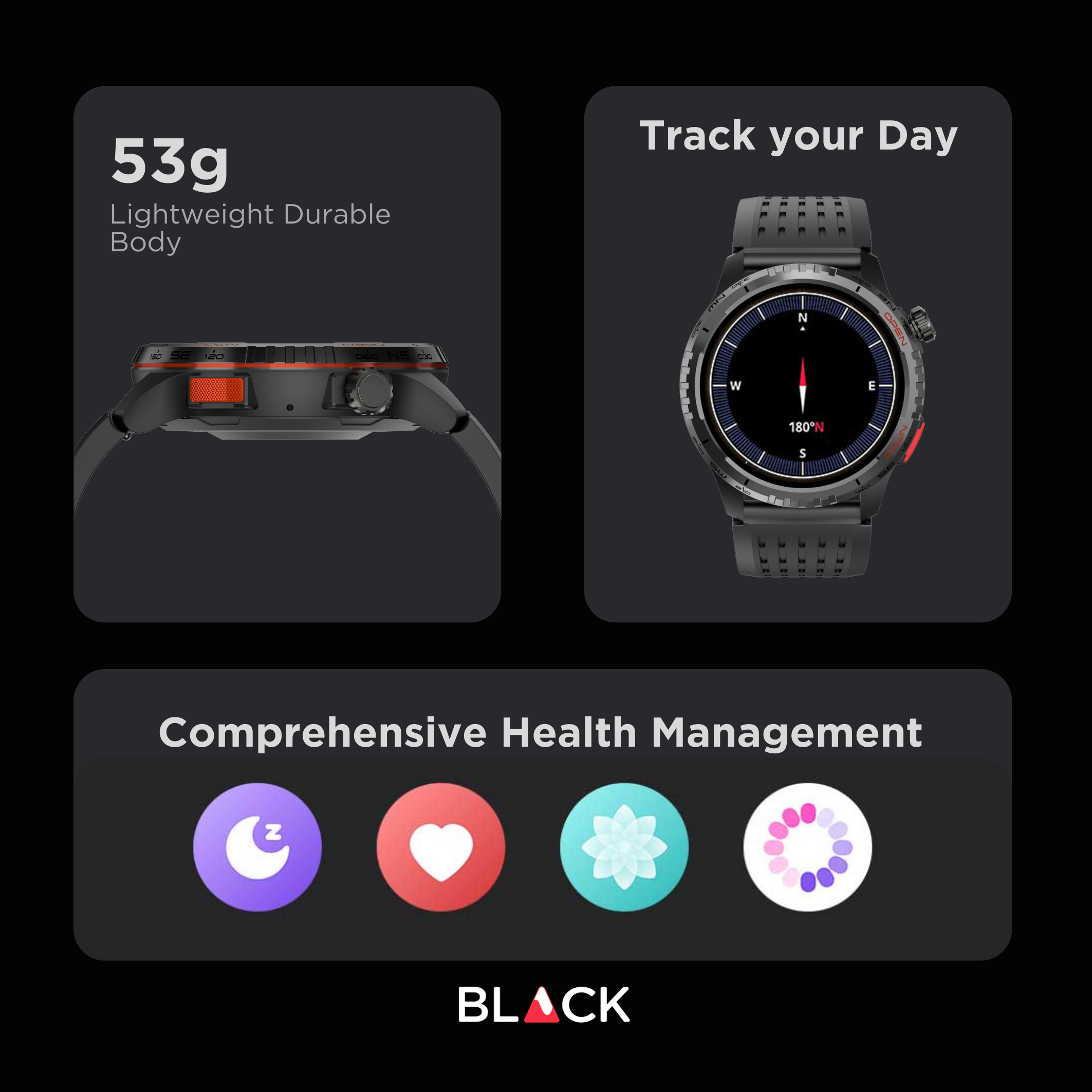 BLACK Fit X GPS Waterproof Health Monitor Smartwatch, 15 Day battery, AMOLED Always ON screen, 1Yr Warranty