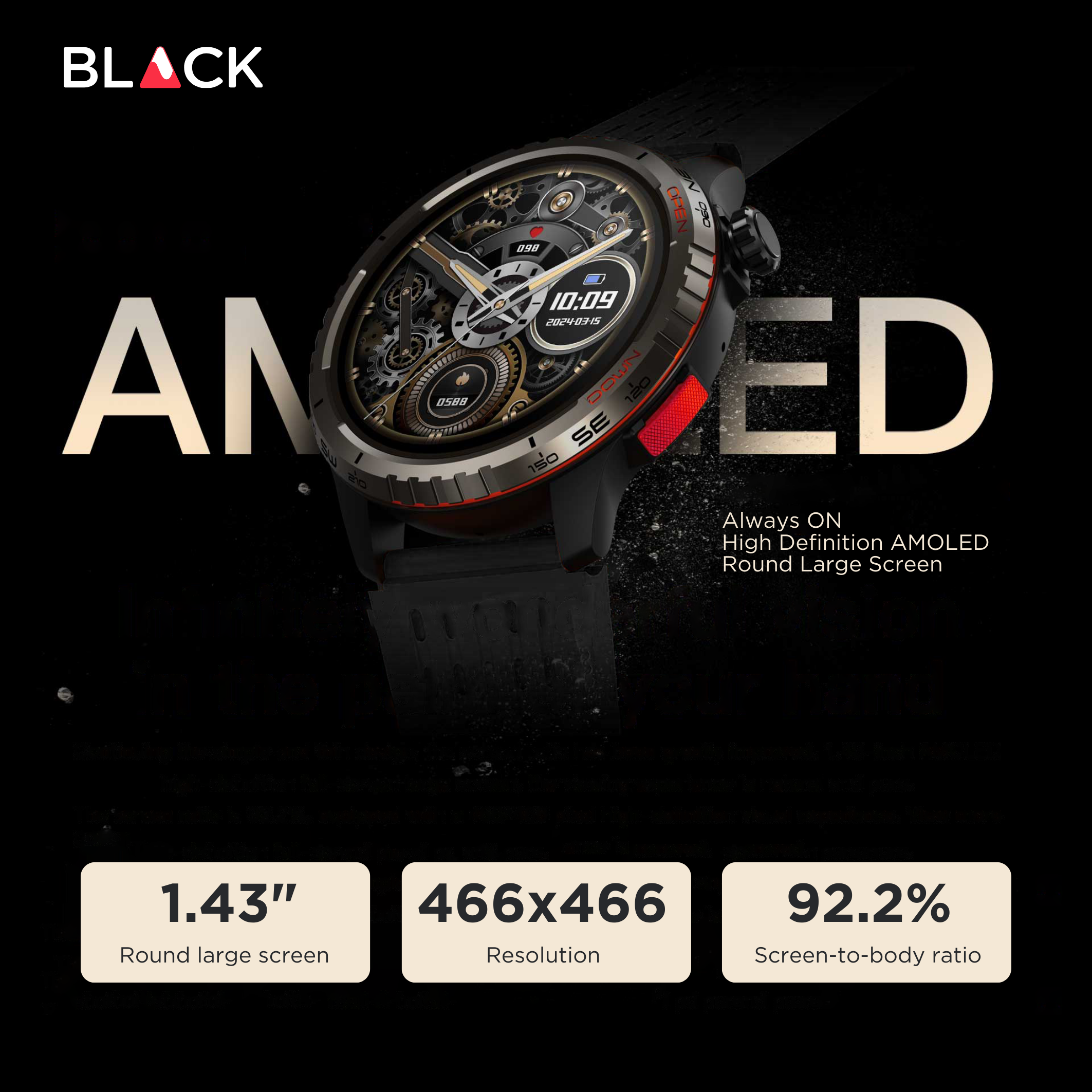 BLACK Fit X GPS Waterproof Health Monitor Smartwatch, 15 Day battery, AMOLED Always ON screen, 1Yr Warranty