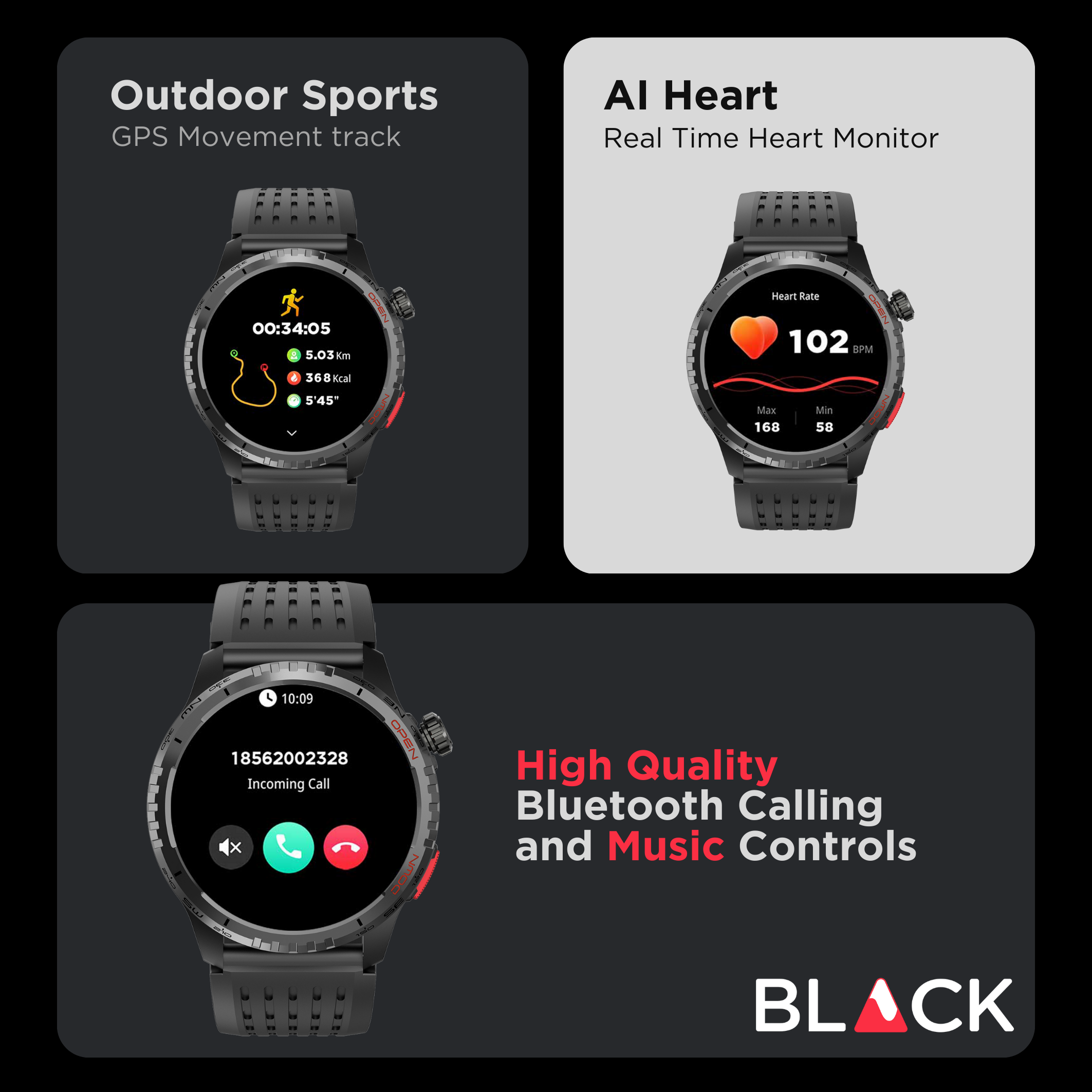 BLACK Fit X GPS Waterproof Health Monitor Smartwatch, 15 Day battery, AMOLED Always ON screen, 1Yr Warranty
