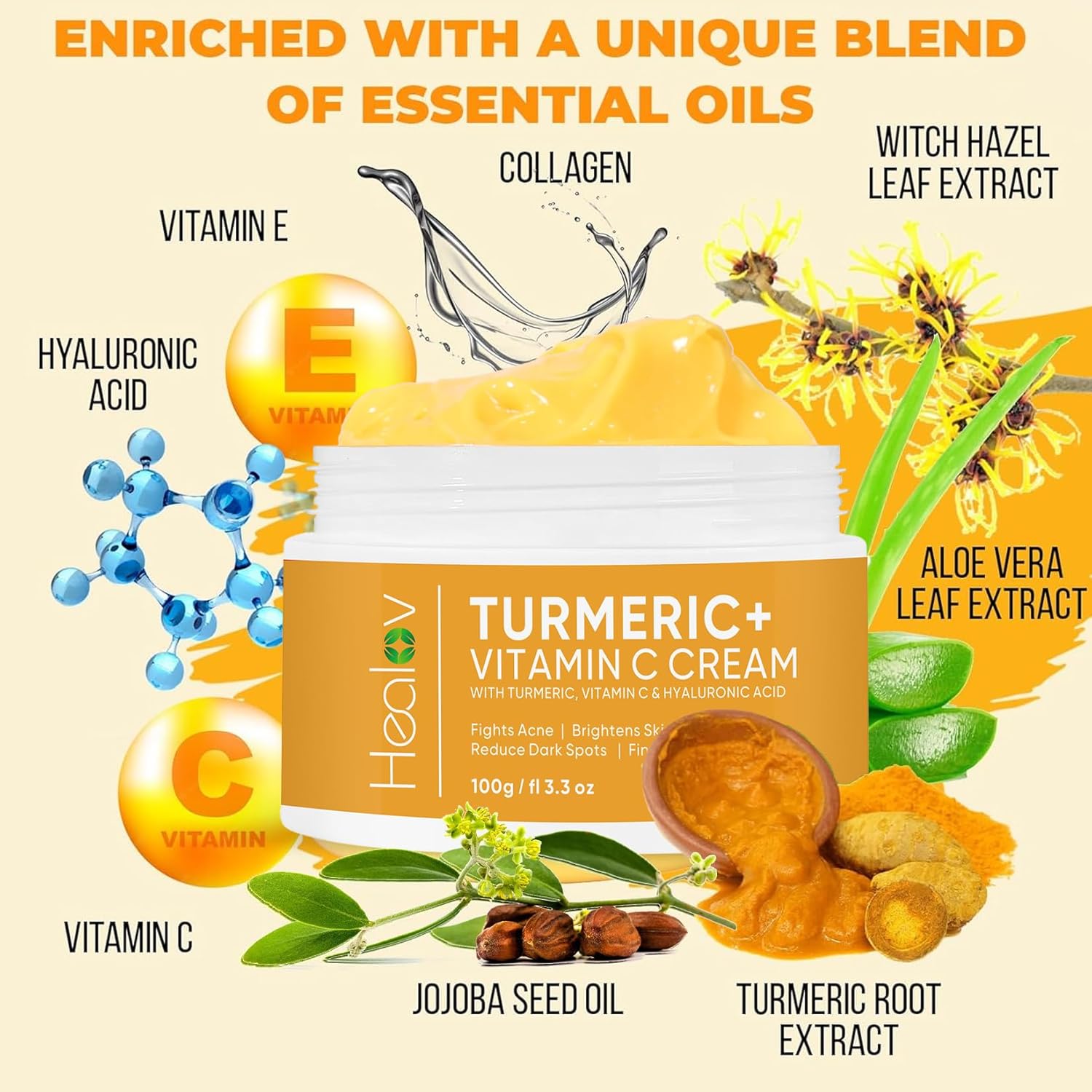 Turmeric Cream for Skin Brightening - All Natural Face & Body Turmeric Skin Lotion - Turmeric Cleanses Skin, Fights Acne, Evens Tone, Marks, Sun Damage, & Age Spots - Pure Turmeric Cream