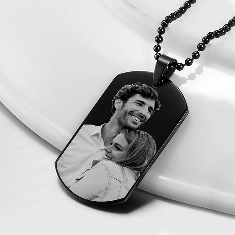Black Photo Dog Tags, Black Stainless Steel Dog Tag Photo Necklace, Black Photo Jewelry, Black Photo Engraved Dog Tags
