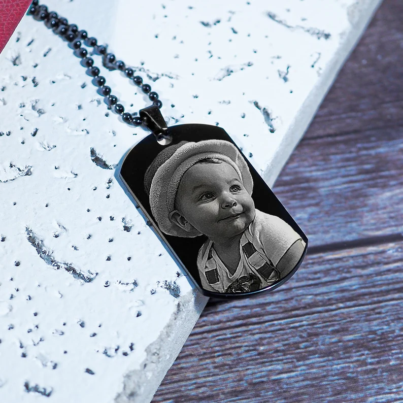 Black Photo Dog Tags, Black Stainless Steel Dog Tag Photo Necklace, Black Photo Jewelry, Black Photo Engraved Dog Tags