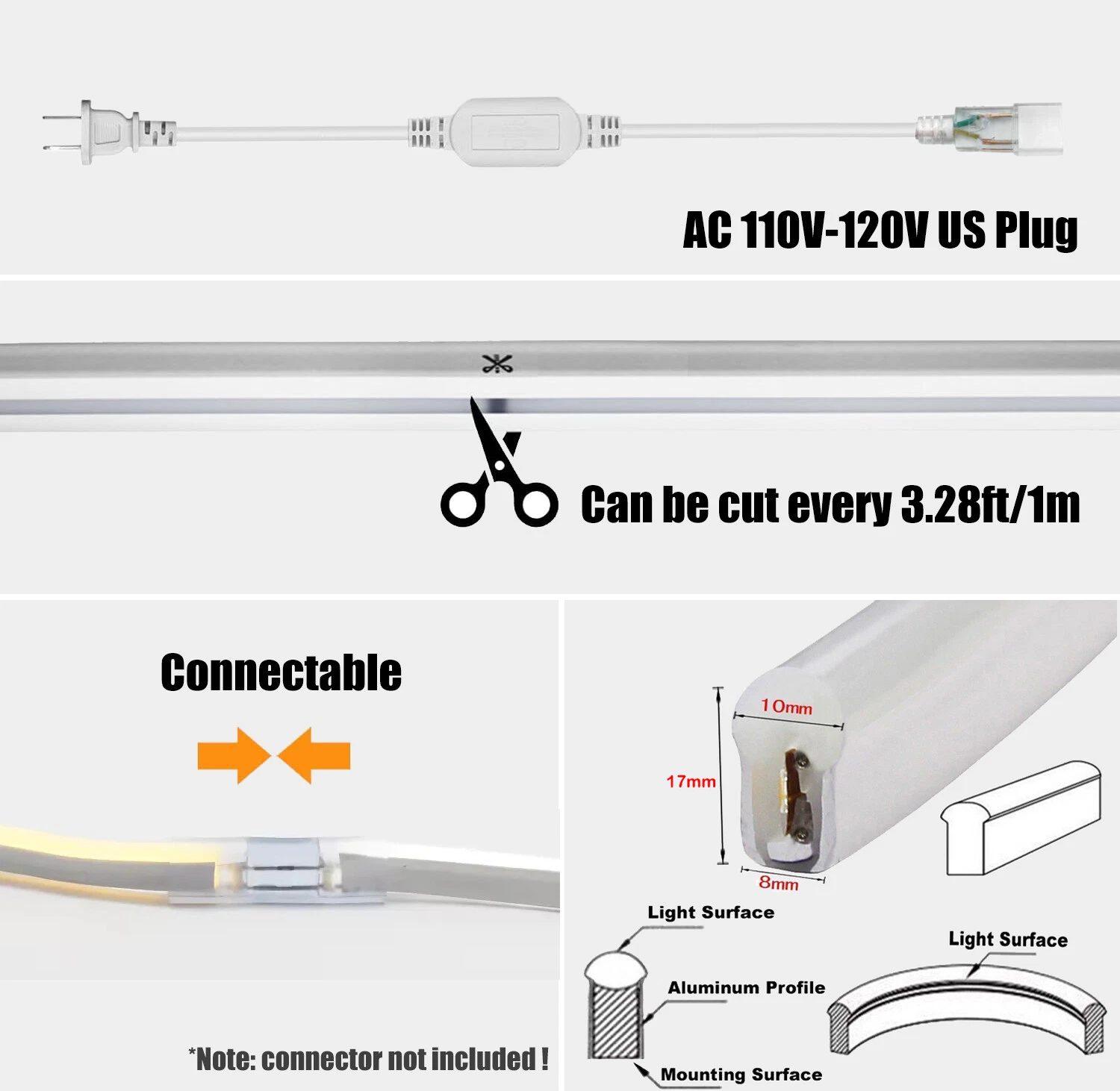 50ft Waterproof Flex LED Neon Rope Light Strip 110V IP67 Home Party Bar Lights