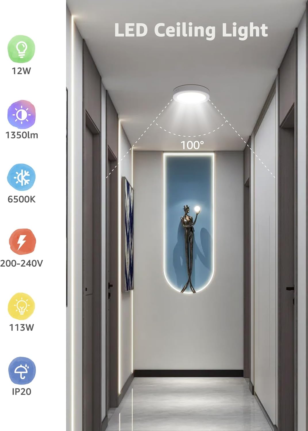 Aigostar 12W LED Ceiling Light, 1350LM LED Ceiling Lights 6500K 6 Pack, Round LED Ceiling Light 113W Equivalent, Dome, Modern, Flush Ceiling Light for Bedroom, Kitchen, Porch, Hallway