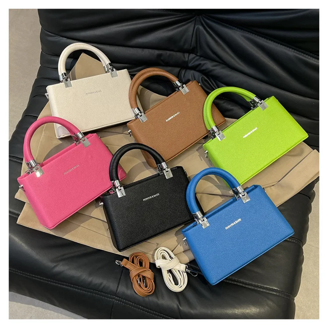 Small faux leather top-handle bags with a crossbody strap option. 