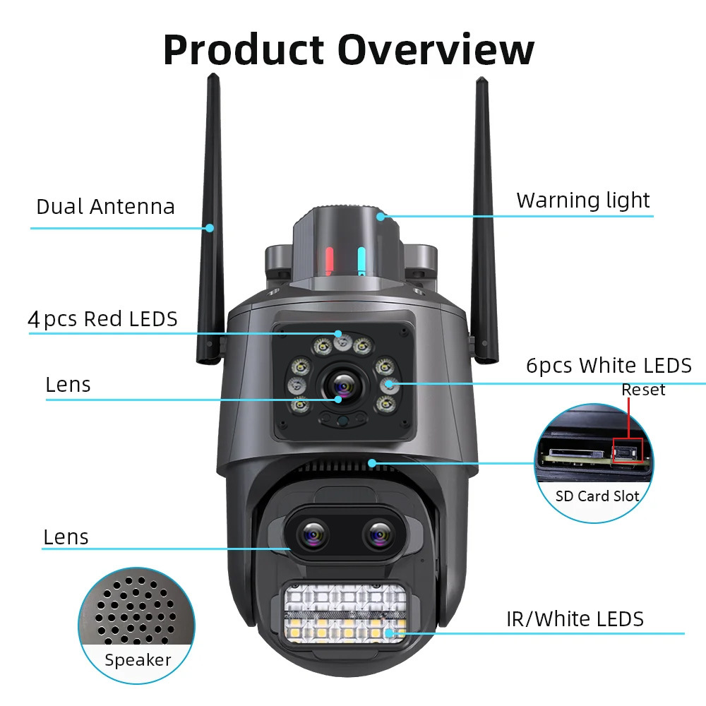 Dual Lens WiFi PTZ IP 4MP Camera Compatible with ICSee App Indoor Outdoor Smart Security Camera for Home