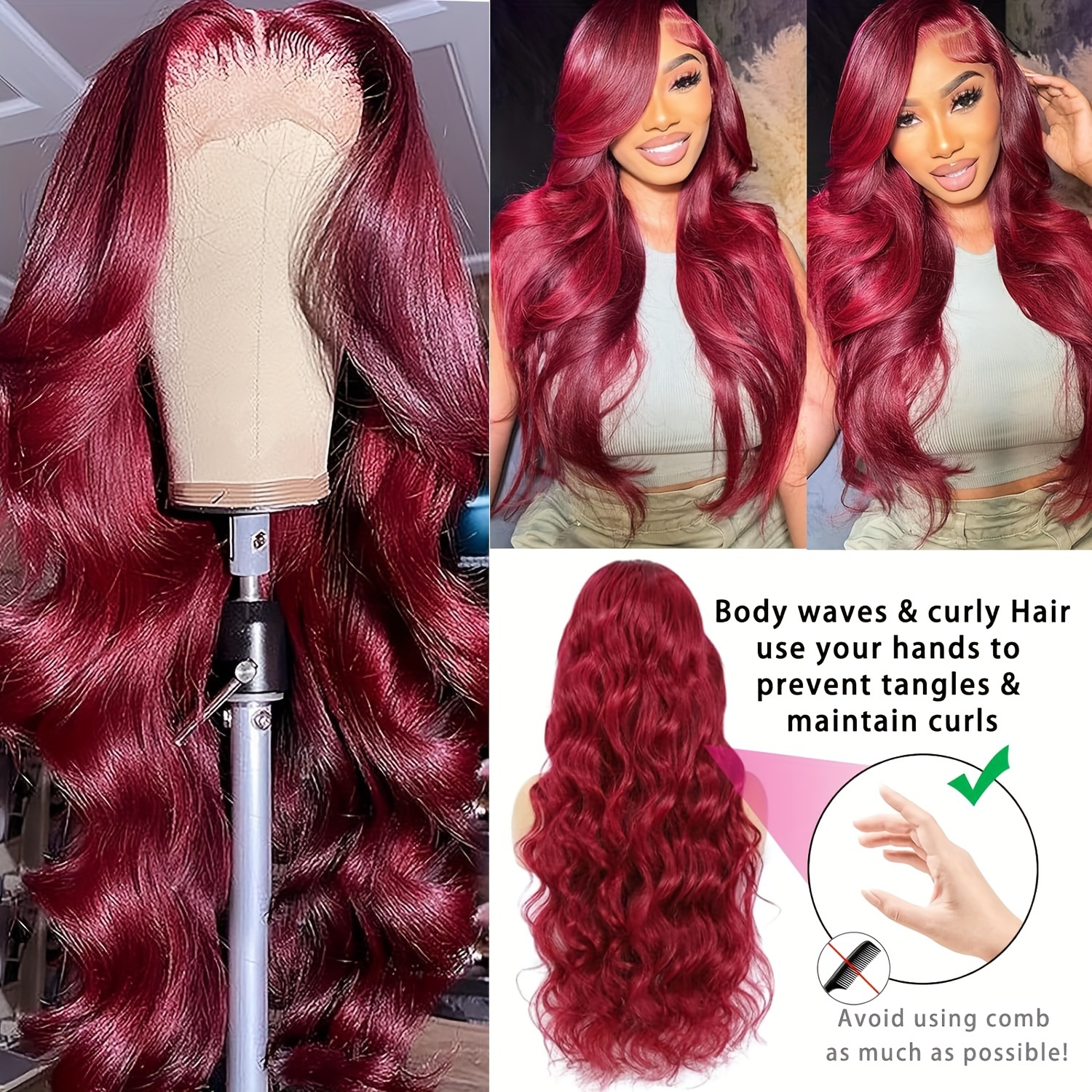 20-Inch Burgundy Body Wave Wig Hair Frontal Wigs Pre Plucked With Baby Hair 180 Density