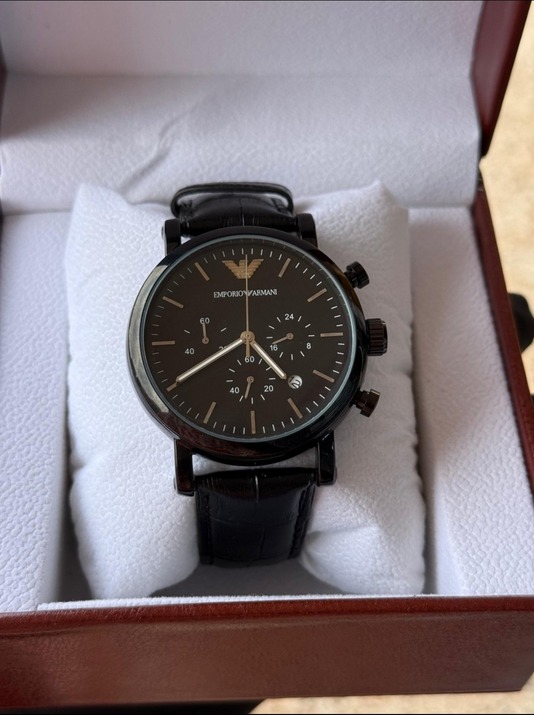 Emporio Armani AR1918 men's chronograph watch with a black dial and leather strap.