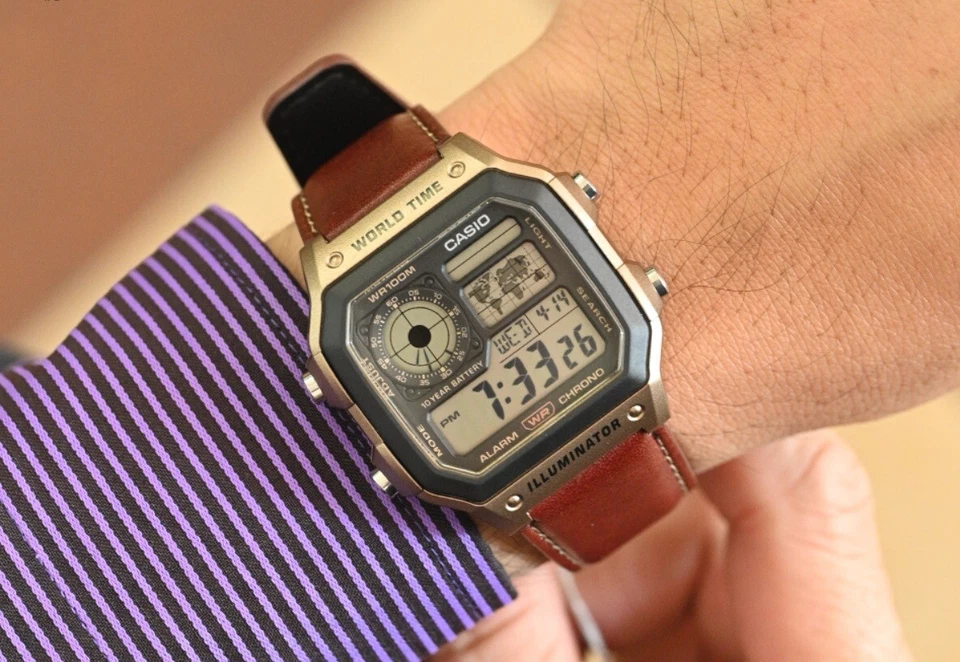 Casio AE-1200WHL-5A Digital Brown Leather World Time World Map Sporty Men Watch