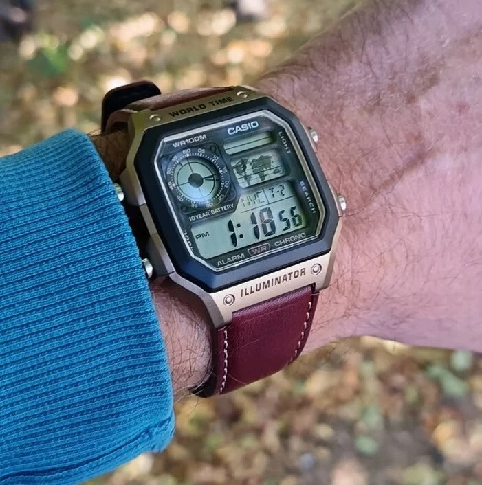 Casio AE-1200WHL-5A Digital Brown Leather World Time World Map Sporty Men Watch