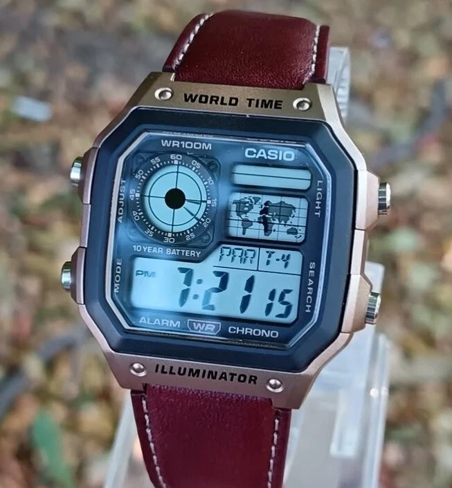 Casio AE-1200WHL-5A Digital Brown Leather World Time World Map Sporty Men Watch
