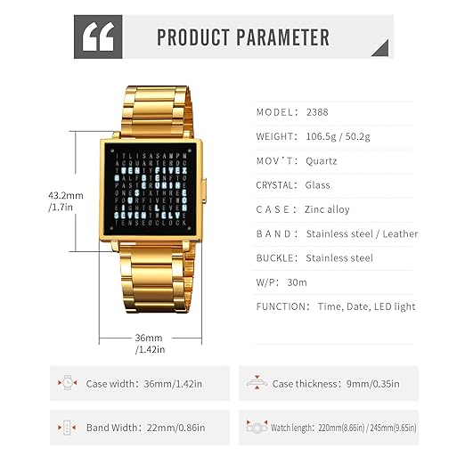 Gosasa Square Men's Luxury Watches Fashion Creative Multifunctional Waterproof Wristwatch, Stainless Steel or Gold and Silver - Toned Leather Strap Gifts for Men