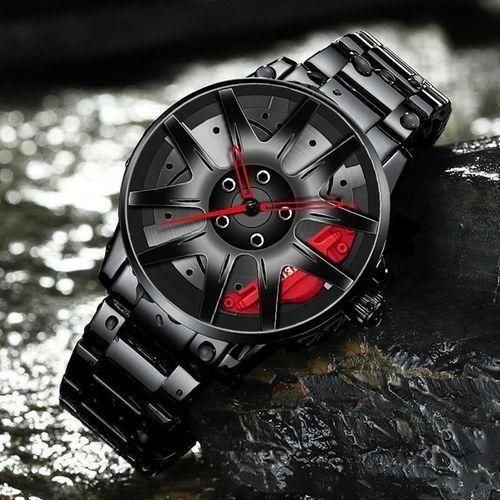 Men's Racing Wheel Dial Steel Strap Watch - Black