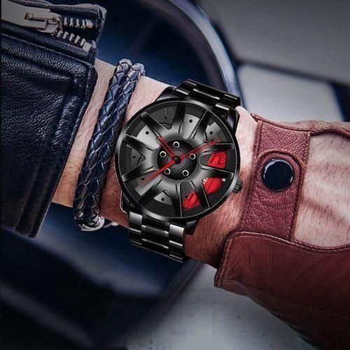 Men's Racing Wheel Dial Steel Strap Watch - Black