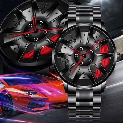 Men's Racing Wheel Dial Steel Strap Watch - Black