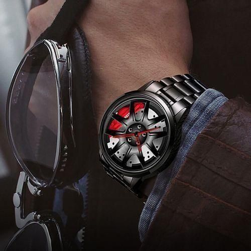 Men's Racing Wheel Dial Steel Strap Watch - Black