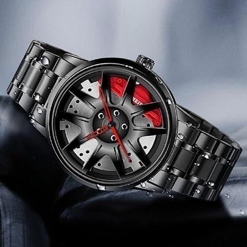 Men's Racing Wheel Dial Steel Strap Watch - Black