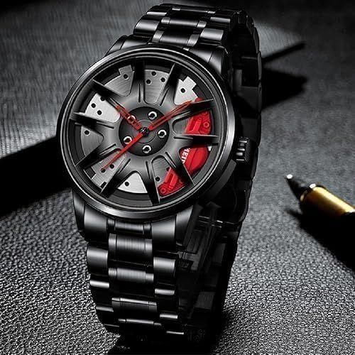 Men's Racing Wheel Dial Steel Strap Watch - Black