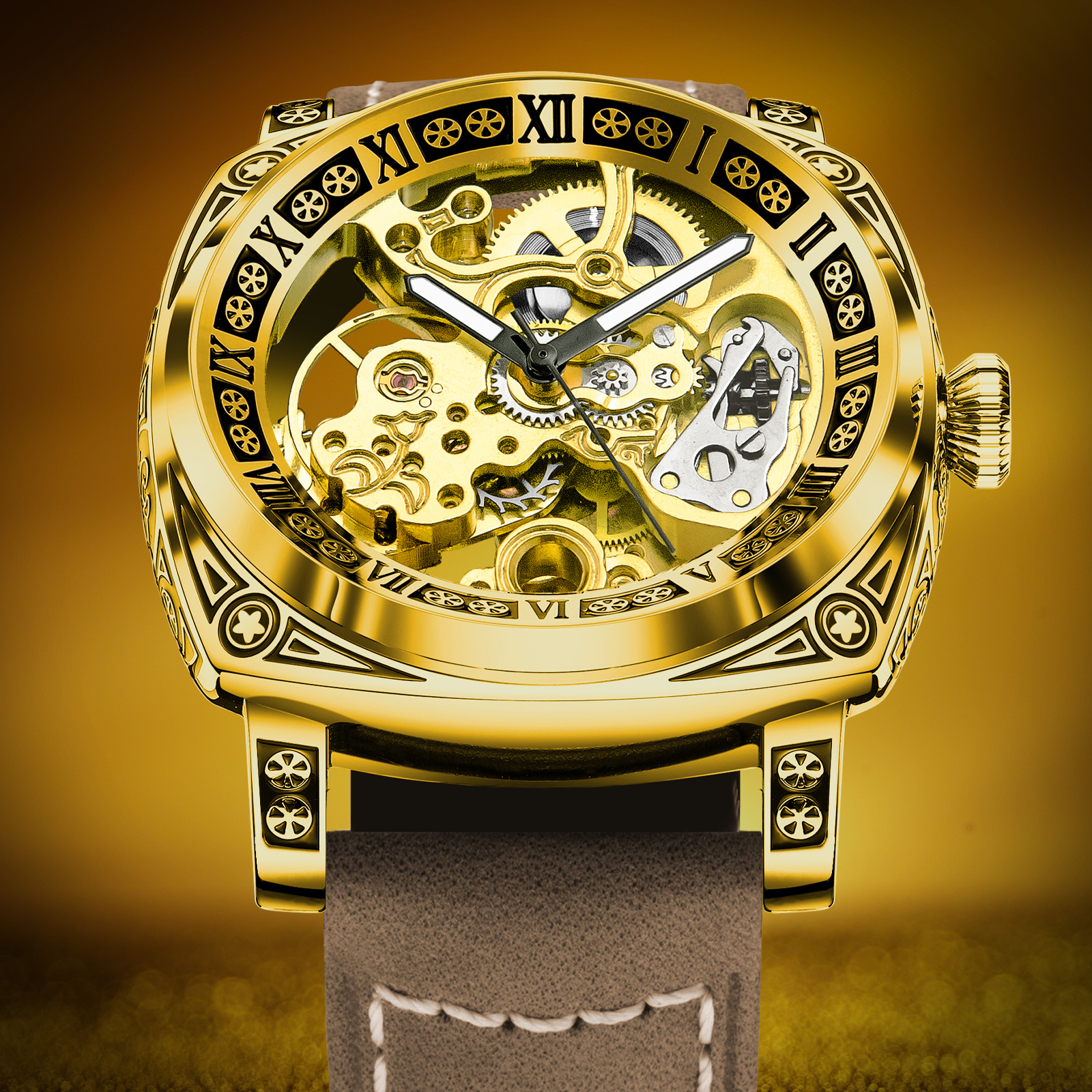Glenaw 8875 Luxury Mens Gold Watch New Product Automatic Mechanical Water Resistant Leather Stainless Steel Band 20mm Band Width