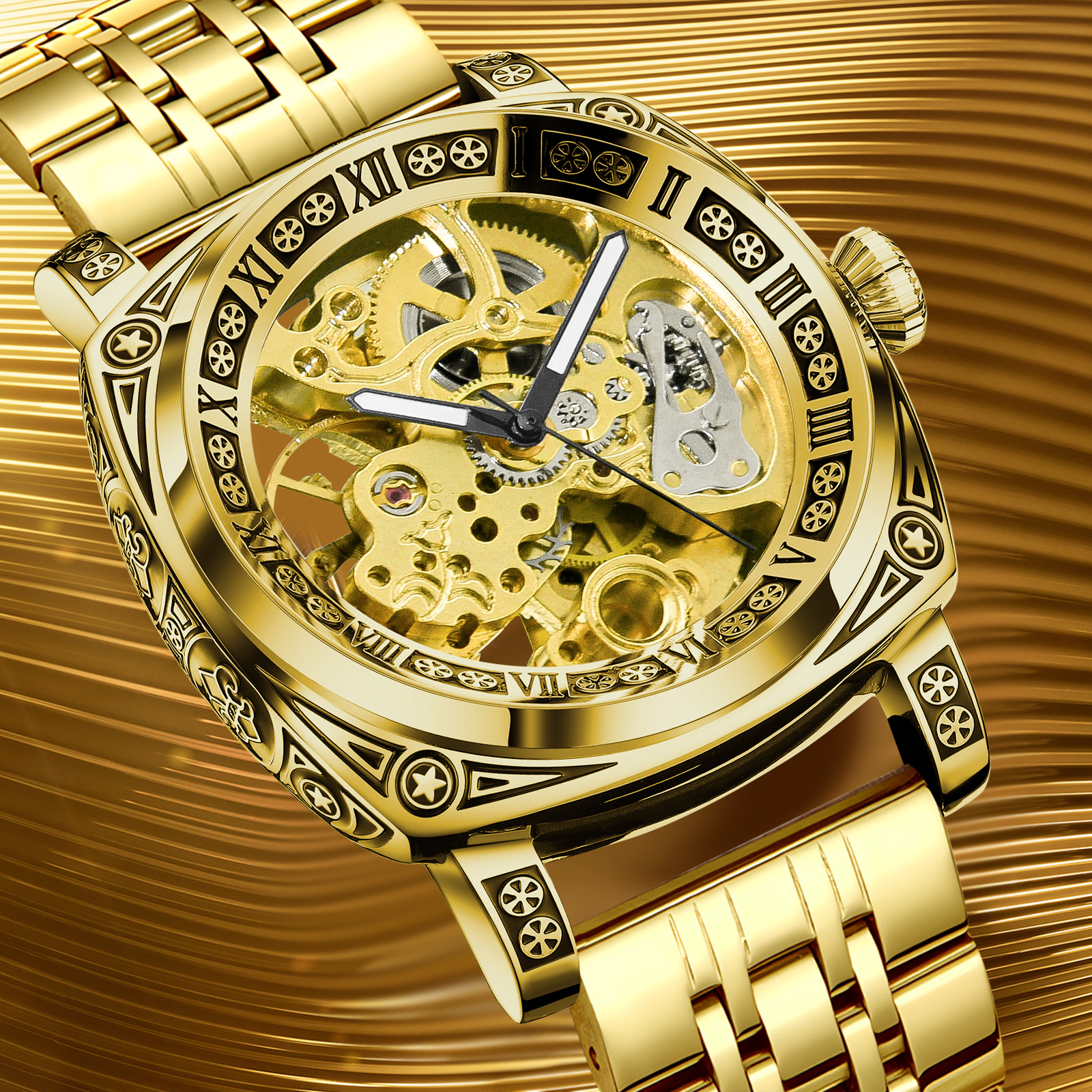Glenaw 8875 Luxury Mens Gold Watch New Product Automatic Mechanical Water Resistant Leather Stainless Steel Band 20mm Band Width