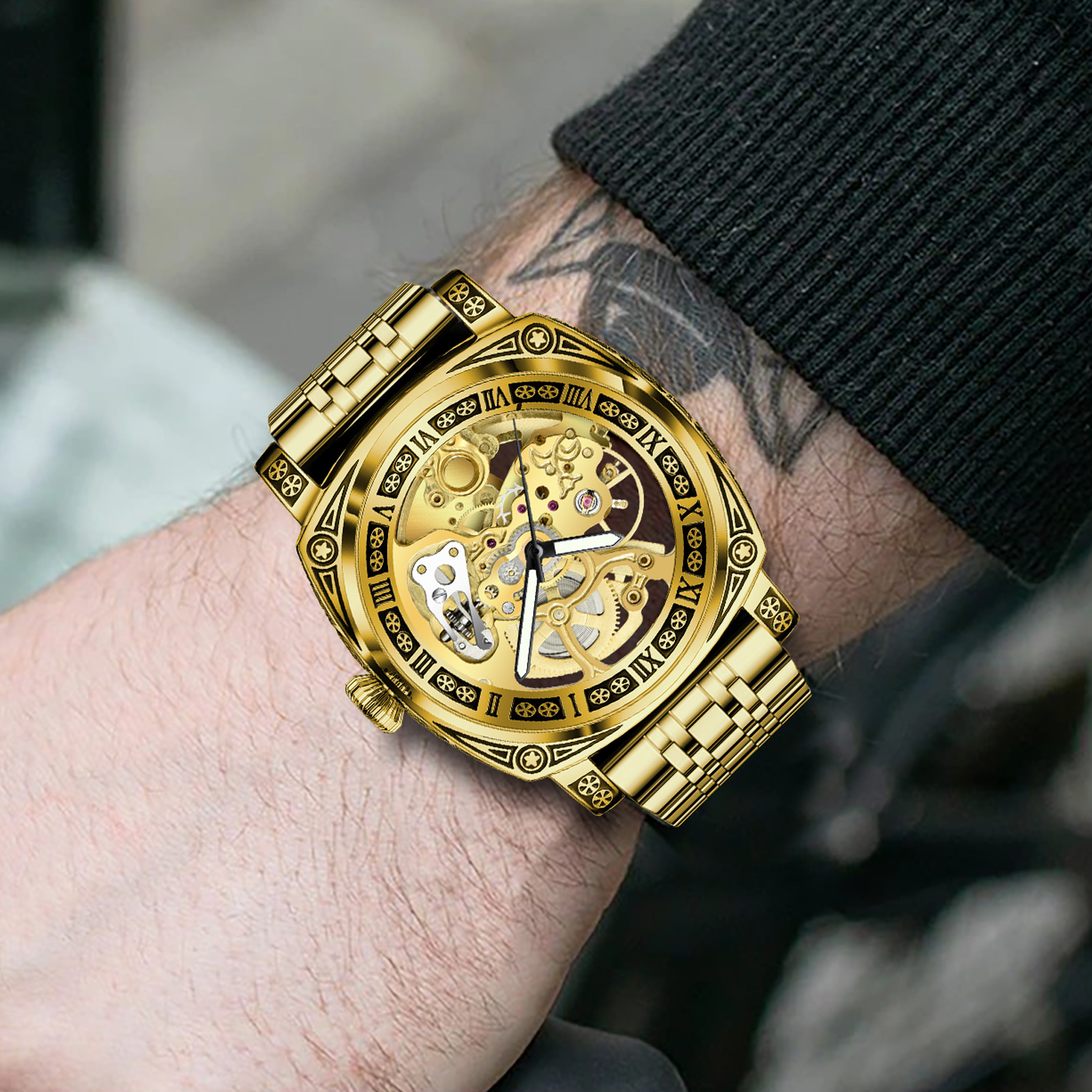 Glenaw 8875 Luxury Mens Gold Watch New Product Automatic Mechanical Water Resistant Leather Stainless Steel Band 20mm Band Width