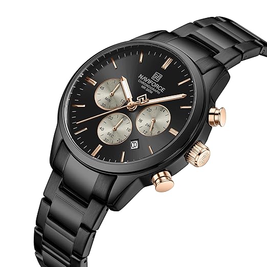 Naviforce NF8076 classic black and rosegold multifunctional chronograph analog watch.