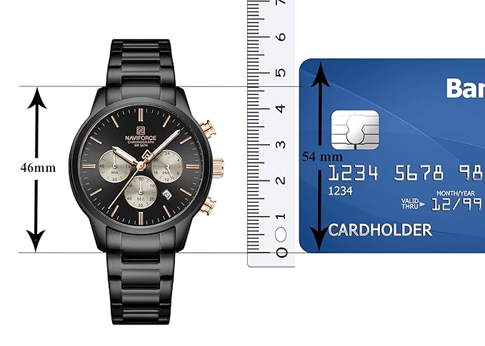 Naviforce NF8076 classic black and rosegold multifunctional chronograph analog watch.