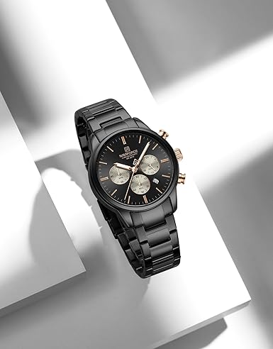 Naviforce NF8076 classic black and rosegold multifunctional chronograph analog watch.