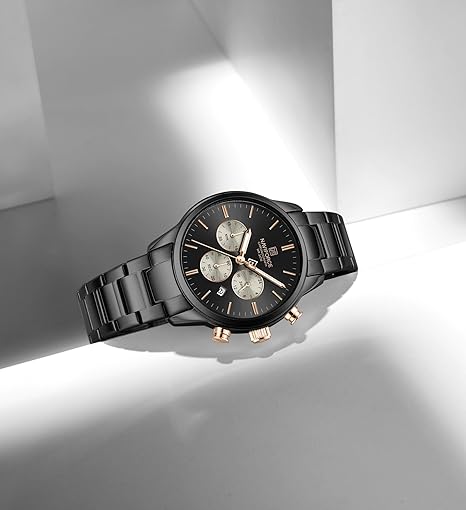 Naviforce NF8076 classic black and rosegold multifunctional chronograph analog watch.