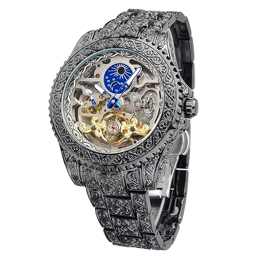 FORSINING Vintage Watch for Men Engraved Automatic Self-Wind Mechanical Big Dial Luminous Moon Phase Golden Hollow Tattoo Pattern Wrist Watches, Mechanical