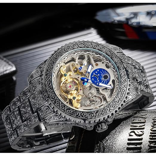 FORSINING Vintage Watch for Men Engraved Automatic Self-Wind Mechanical Big Dial Luminous Moon Phase Golden Hollow Tattoo Pattern Wrist Watches, Mechanical