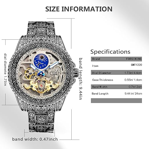 FORSINING Vintage Watch for Men Engraved Automatic Self-Wind Mechanical Big Dial Luminous Moon Phase Golden Hollow Tattoo Pattern Wrist Watches, Mechanical