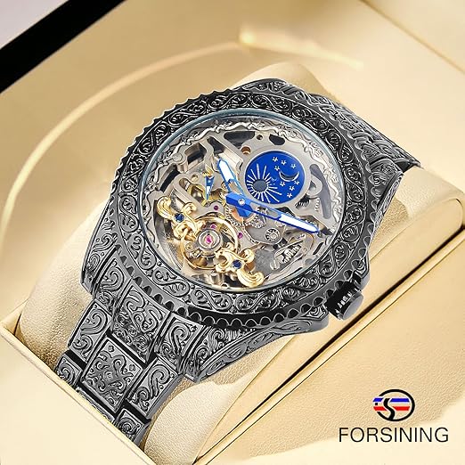 FORSINING Vintage Watch for Men Engraved Automatic Self-Wind Mechanical Big Dial Luminous Moon Phase Golden Hollow Tattoo Pattern Wrist Watches, Mechanical