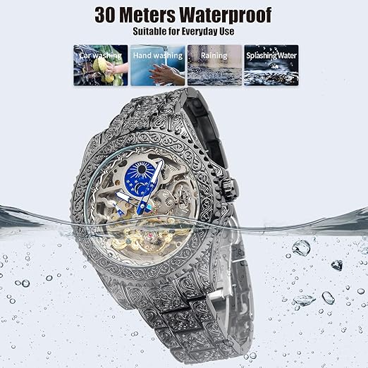 FORSINING Vintage Watch for Men Engraved Automatic Self-Wind Mechanical Big Dial Luminous Moon Phase Golden Hollow Tattoo Pattern Wrist Watches, Mechanical
