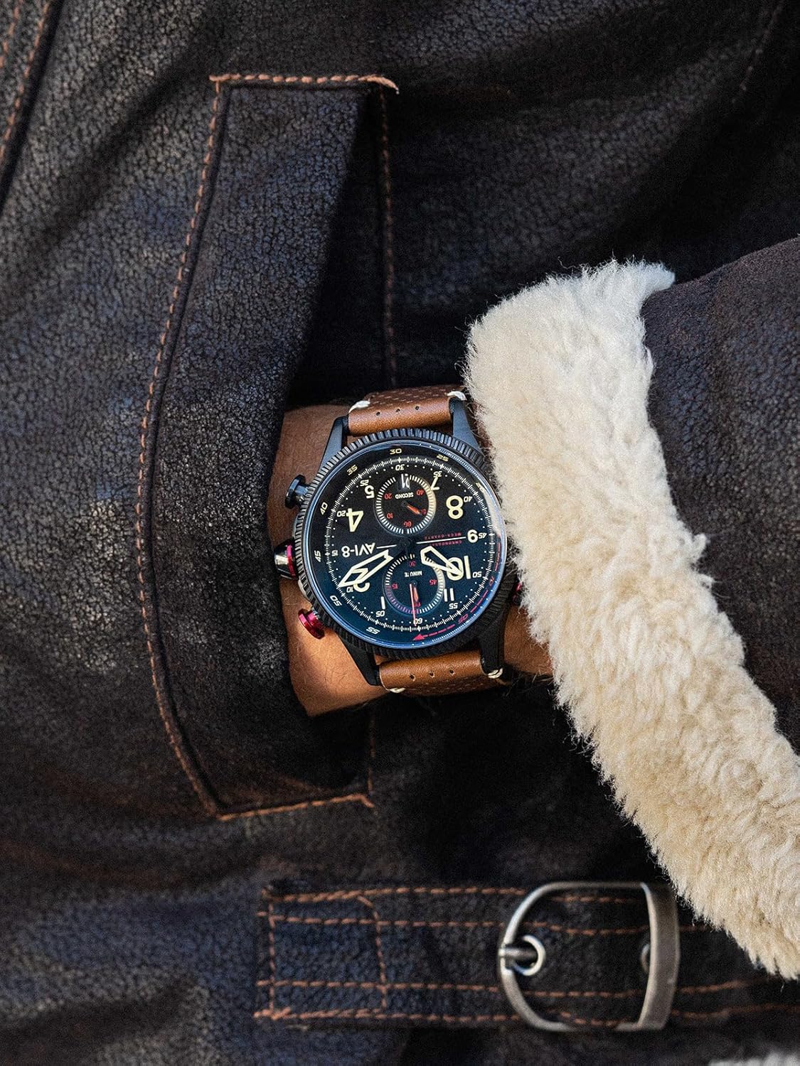 AVI-8 Men's 43 Mm Hawker Hunter Duke Chronograph Japanese Meca Quartz Aviator Watch With Leather Strap AV-4080