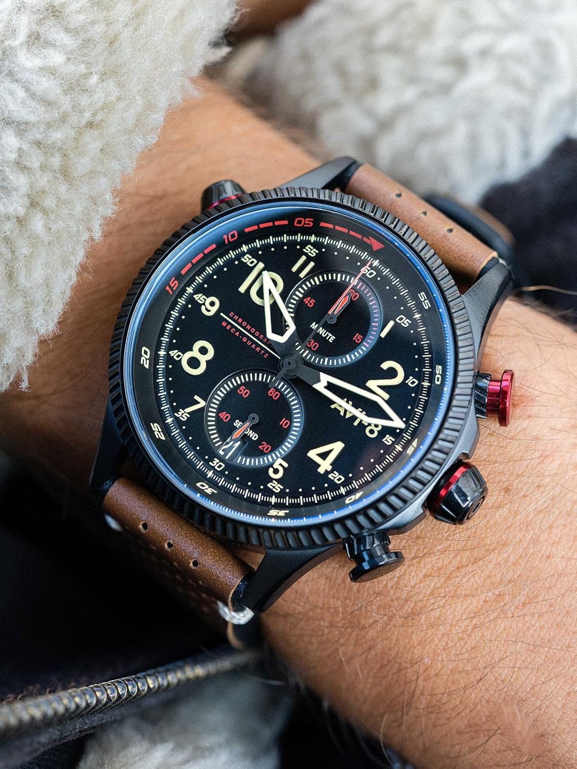 AVI-8 Men's 43 Mm Hawker Hunter Duke Chronograph Japanese Meca Quartz Aviator Watch With Leather Strap AV-4080