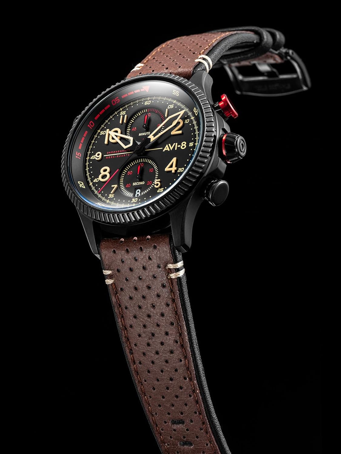 AVI-8 Men's 43 Mm Hawker Hunter Duke Chronograph Japanese Meca Quartz Aviator Watch With Leather Strap AV-4080