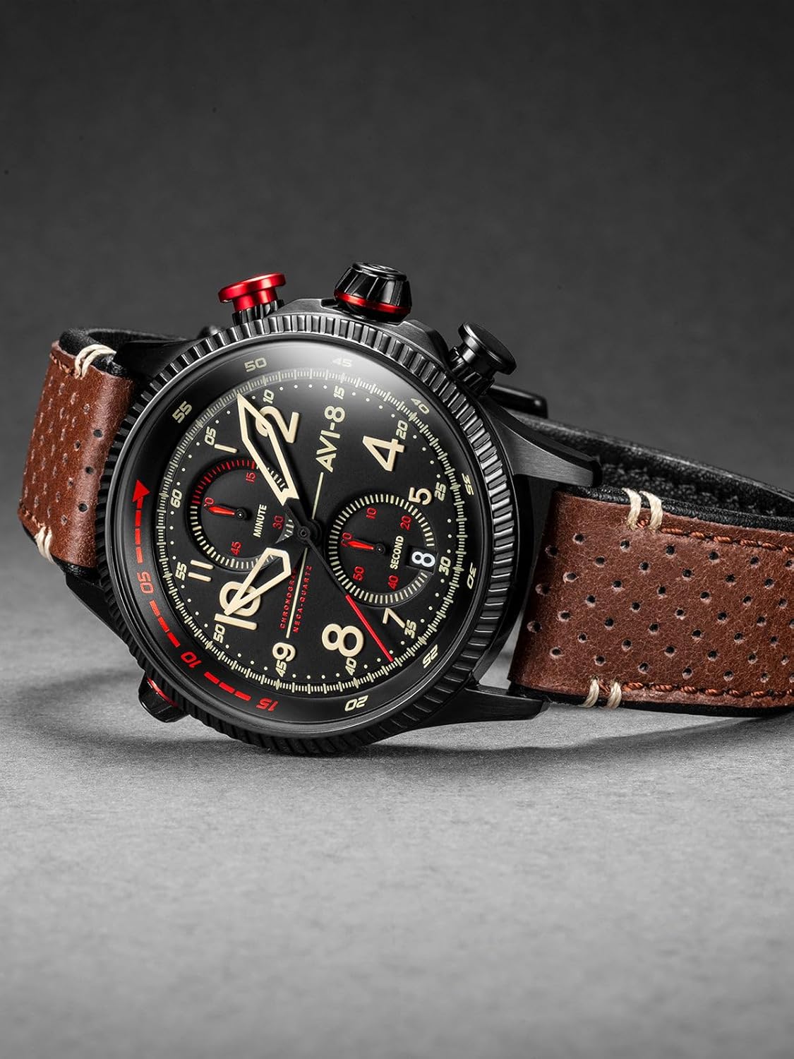 AVI-8 Men's 43 Mm Hawker Hunter Duke Chronograph Japanese Meca Quartz Aviator Watch With Leather Strap AV-4080
