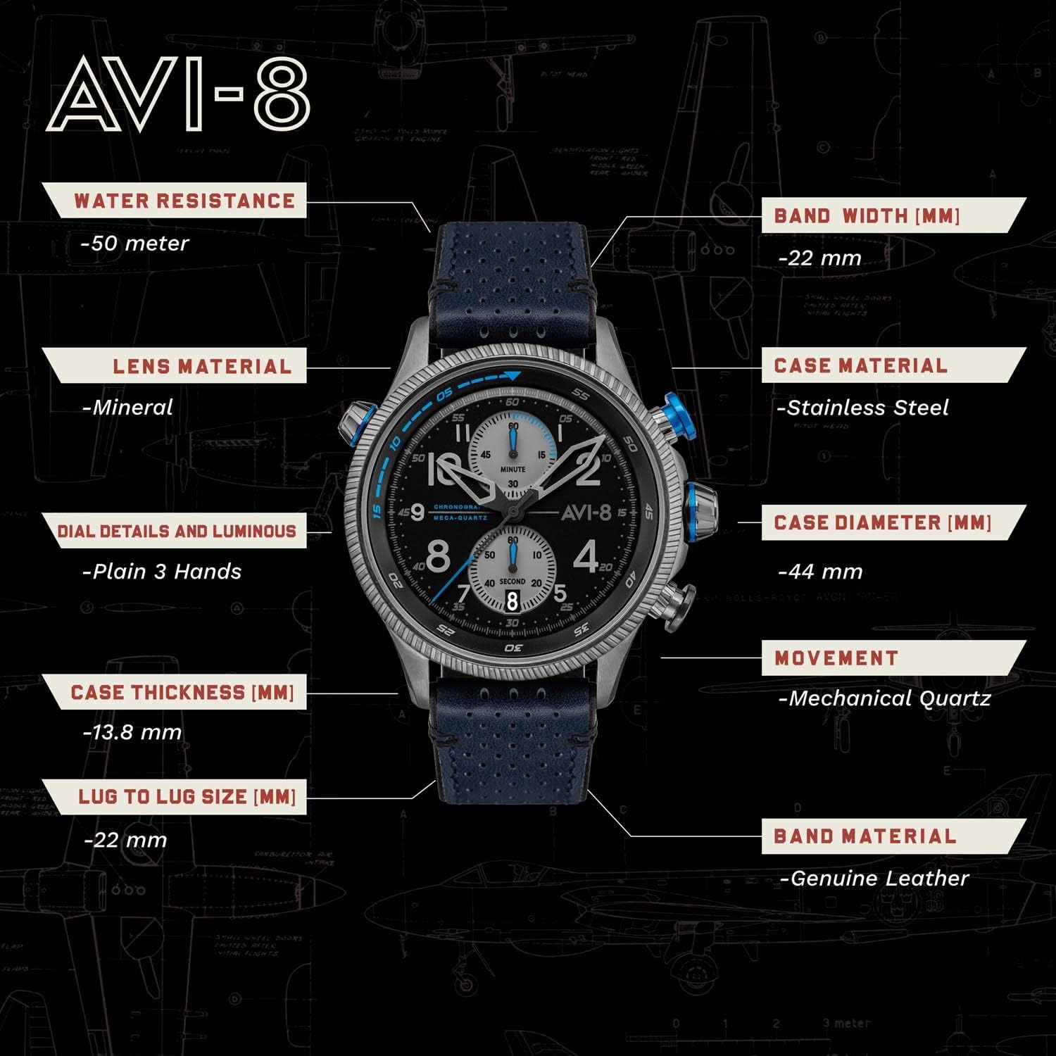 AVI-8 Men's 43 Mm Hawker Hunter Duke Chronograph Japanese Meca Quartz Aviator Watch With Leather Strap AV-4080