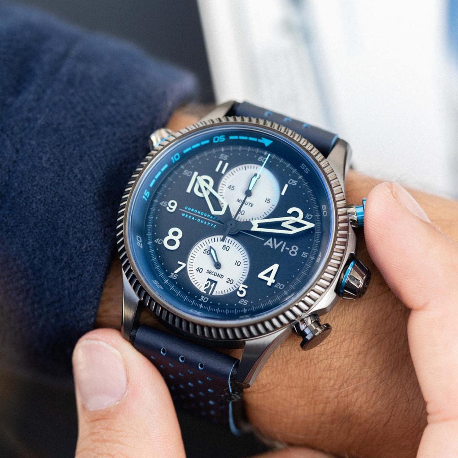 AVI-8 Men's 43 Mm Hawker Hunter Duke Chronograph Japanese Meca Quartz Aviator Watch With Leather Strap AV-4080