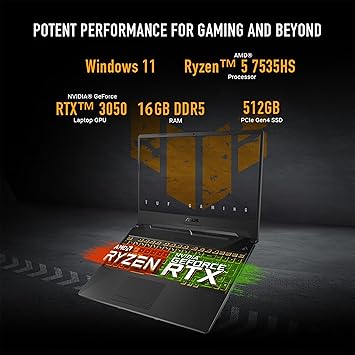 ASUS TUF Gaming A15 Gaming Laptop, 15.6” FHD 16:9 144Hz Display, AMD Ryzen™ 5 7535HS Processor, NVIDIA® GeForce RTX™ 3050, 16GB DDR5, 512GB PCIe® Gen 4.0 SSD, Wi-Fi 6, Windows 11 Home
